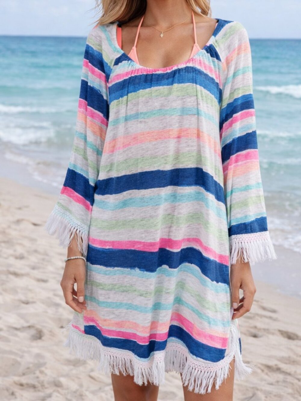 Lily Pulitzer Getaway Coverup Sz M Linen "Cat's Meow Stripe" Fringed